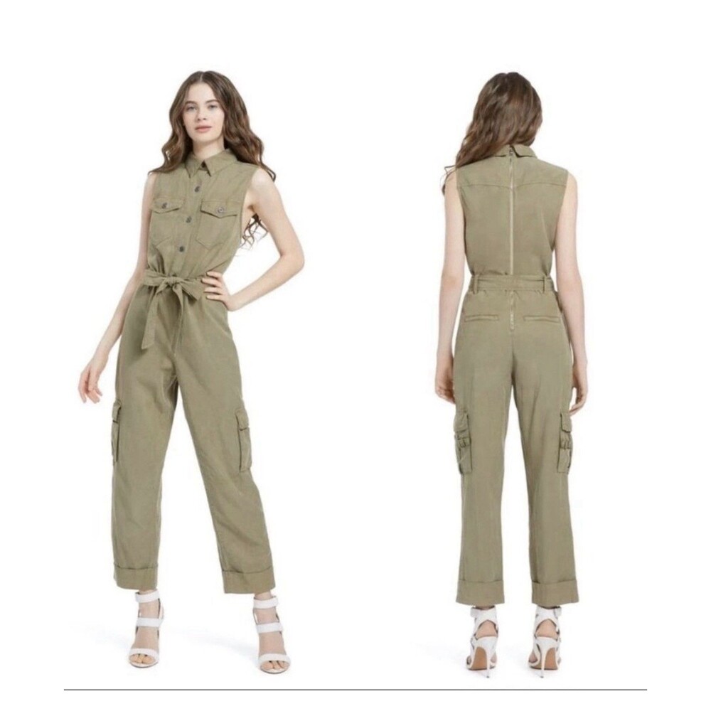 Alice + Olivia Olive Green Sleeveless Belted Utility Cargo Jumpsuit Women Size 8